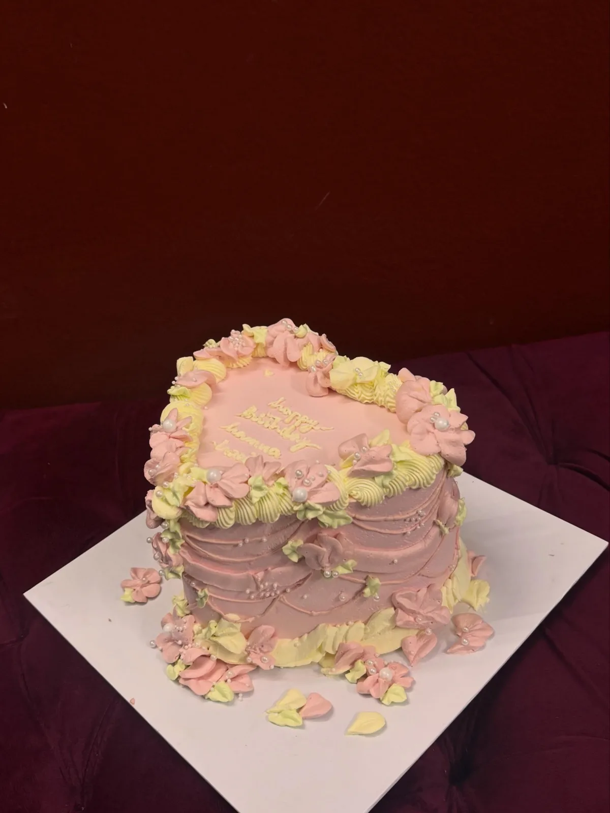 Pink heart cake with pastel buttercream ruffles